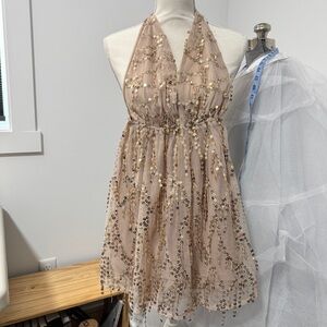 Sequin Halter Dress in Beige and Gold